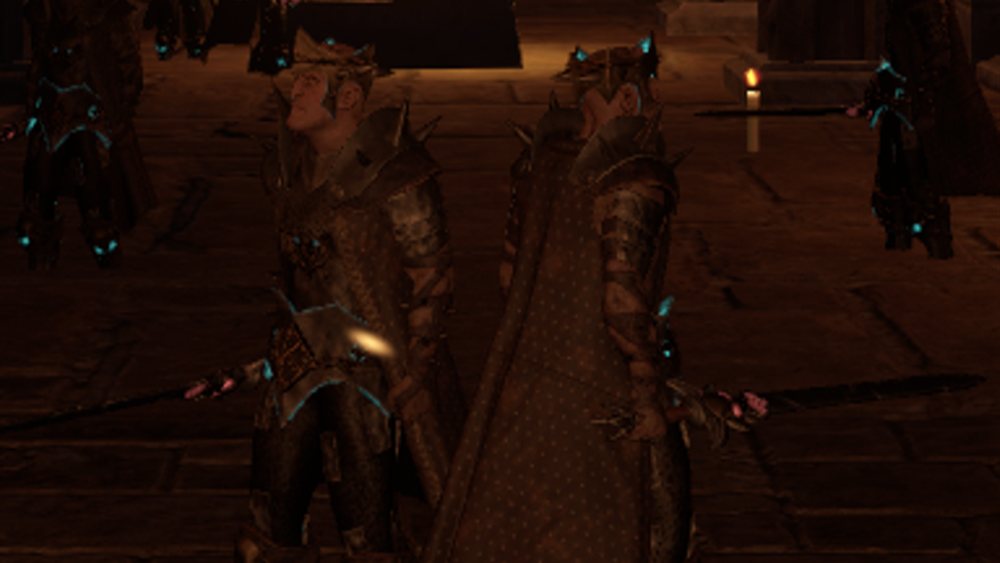 Guards around a brazier in a dark hall